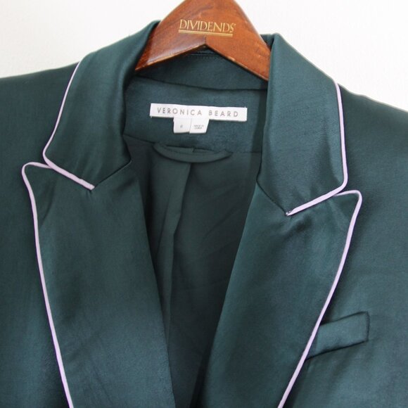 Veronica Beard Eiza Satin Double-Breasted Blazer Emerald Green Piping Size 6 - Picture 4 of 15